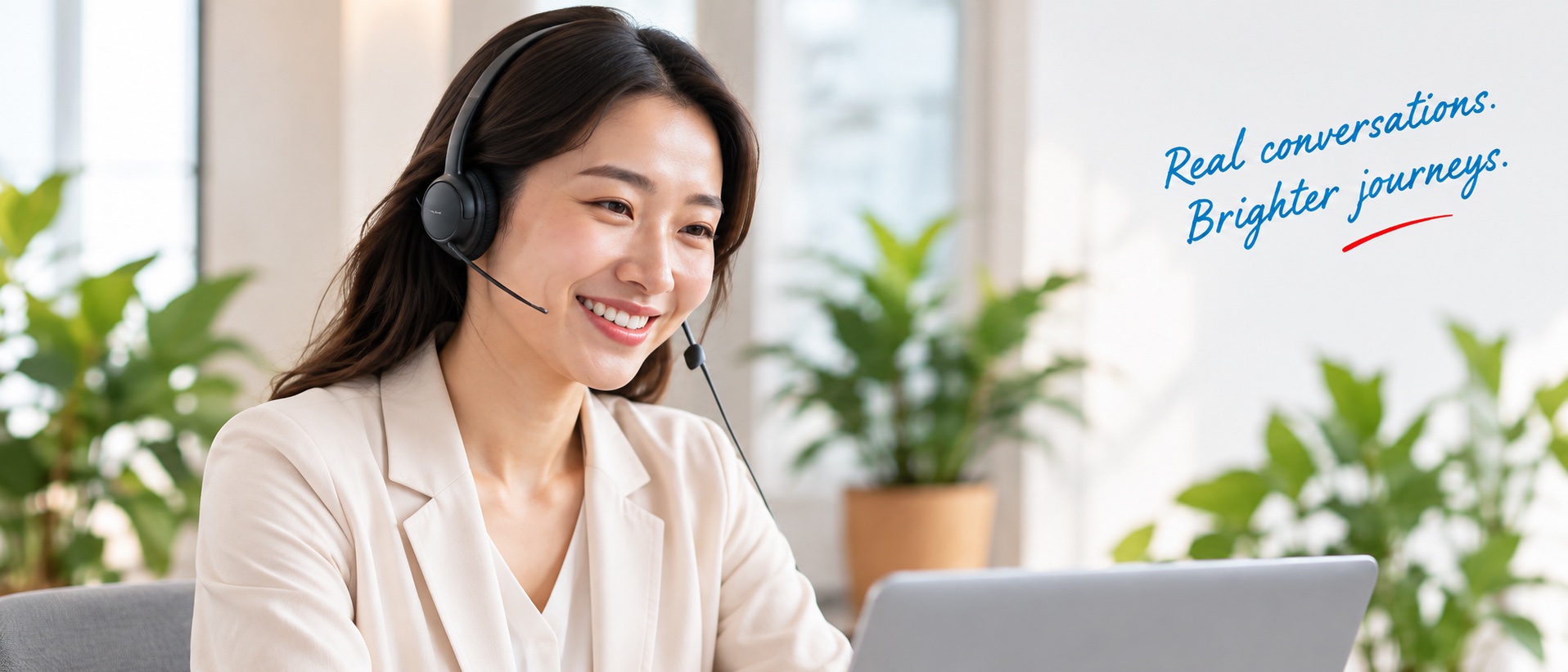 A friendly care coordinator wearing a headset at her desk