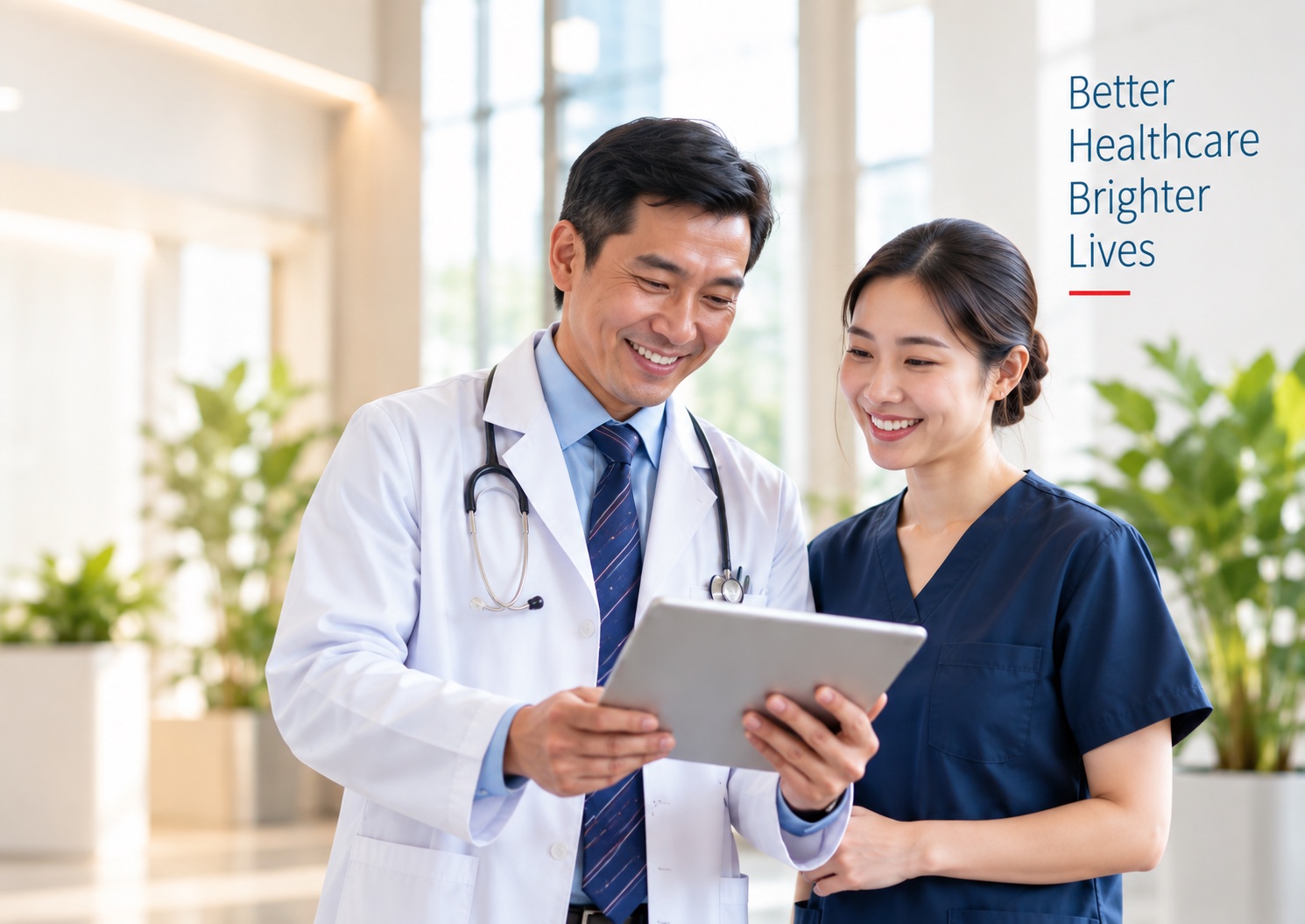 A doctor and a healthcare colleague reviewing a tablet together